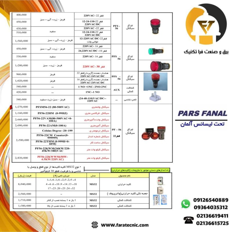 لیست قیمت محصولات پارس فانال